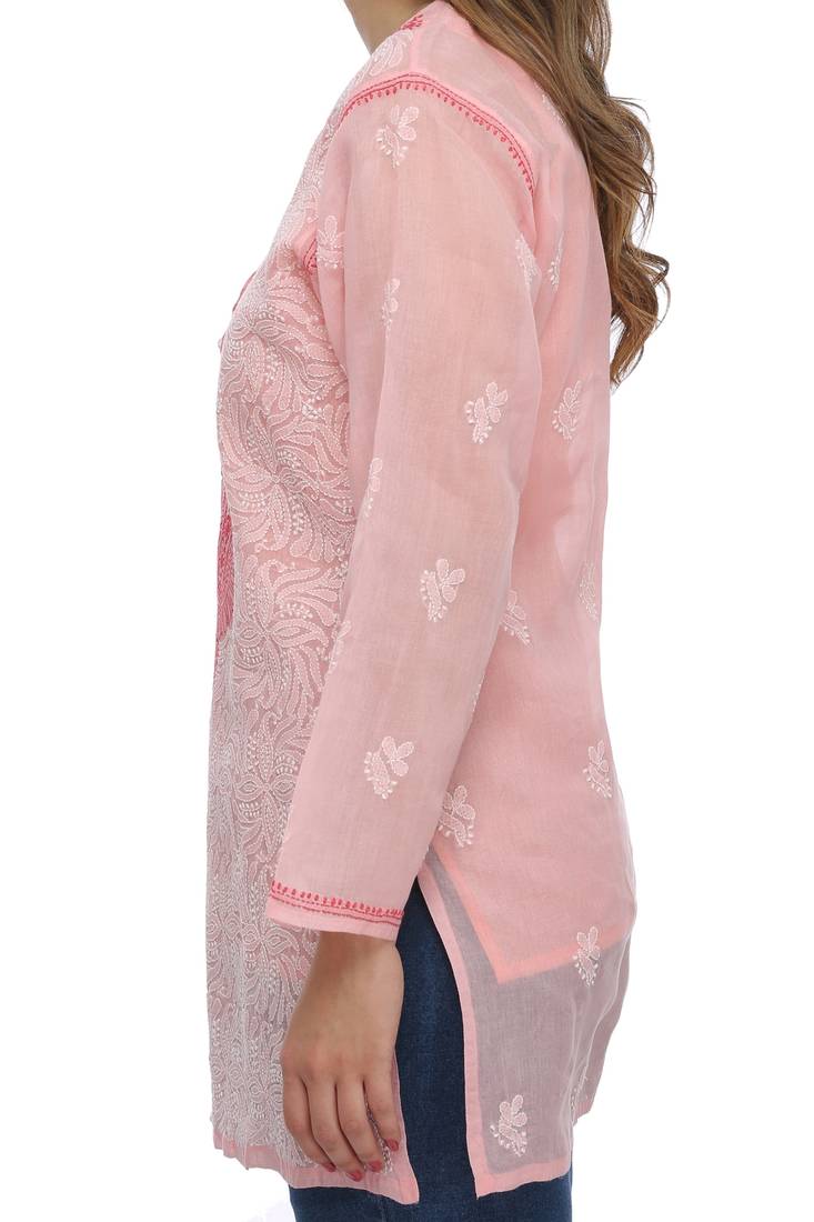 Peach Embroidered Cotton Chikankari Short Kurti