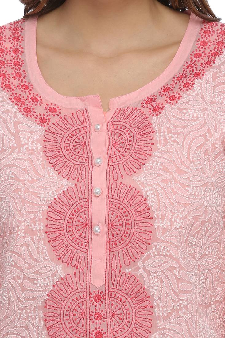 Peach Embroidered Cotton Chikankari Short Kurti