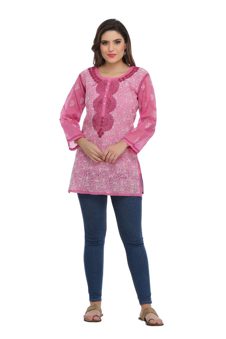 Onion Pink Embroidered Cotton Chikankari Short Kurti