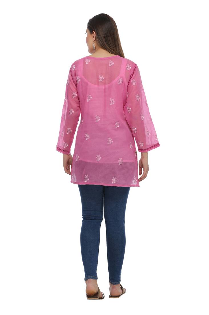 Onion Pink Embroidered Cotton Chikankari Short Kurti