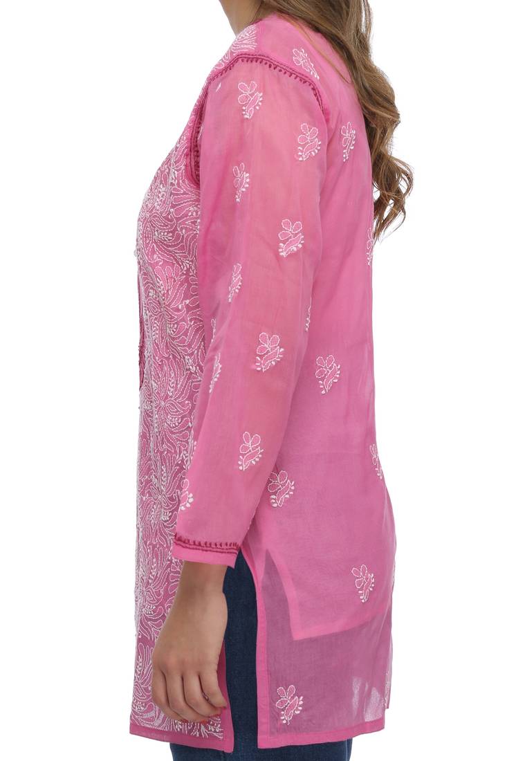 Onion Pink Embroidered Cotton Chikankari Short Kurti