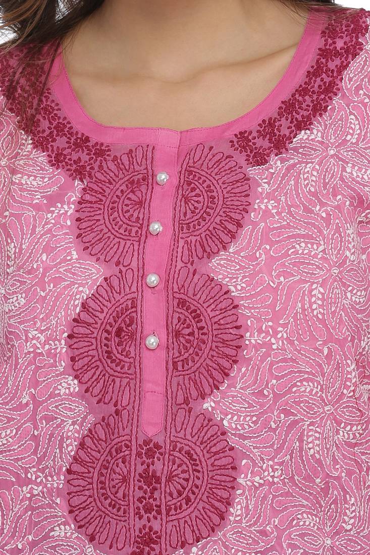 Onion Pink Embroidered Cotton Chikankari Short Kurti