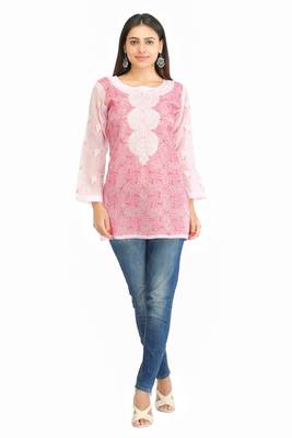 Pink Embroidered Cotton Chikankari Short Kurti 1