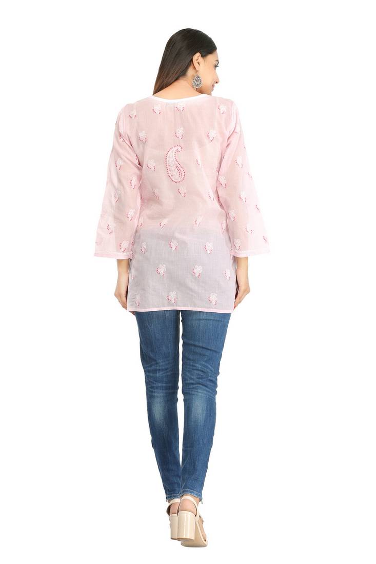 Pink Embroidered Cotton Chikankari Short Kurti