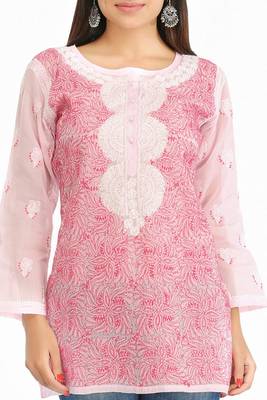 Pink Embroidered Cotton Chikankari Short Kurti 4