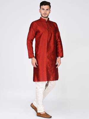 Red Plain Silk Blend Kurta Pajama 2