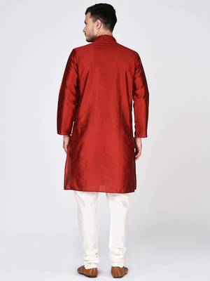 Red Plain Silk Blend Kurta Pajama 3