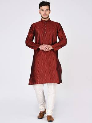 Red Plain Silk Blend Kurta Pajama 1