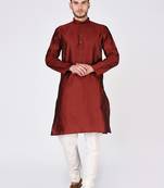 Red Plain Silk Blend Kurta Pajama
