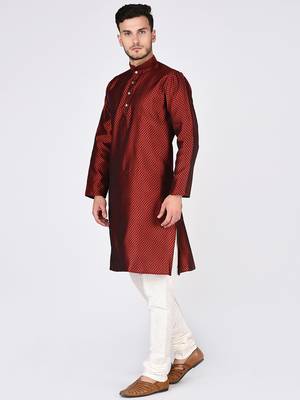 Red Plain Silk Blend Kurta Pajama 2