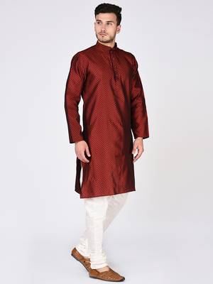 Red Plain Silk Blend Kurta Pajama 3