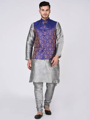 Grey Woven Silk Blend Kurta Pajama 1