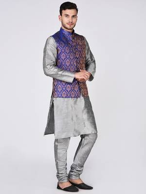 Grey Woven Silk Blend Kurta Pajama 2