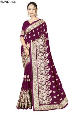 Wine embroidered art silk saree with blouse 2