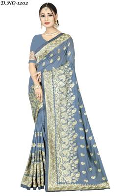 Grey embroidered art silk saree with blouse 1