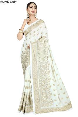 White embroidered art silk saree with blouse 1