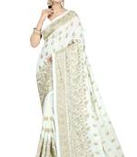 White embroidered art silk saree with blouse