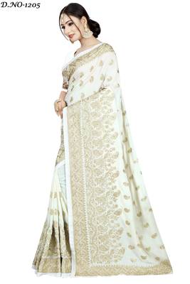 White embroidered art silk saree with blouse 2