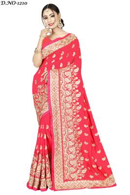 Pink embroidered art silk saree with blouse 1
