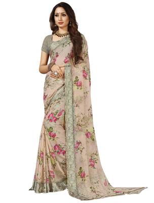 Pink printed chiffon saree with blouse 1
