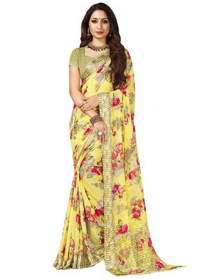 Yellow printed chiffon saree with blouse 1