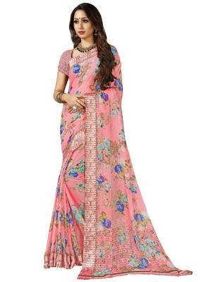 Pink printed chiffon saree with blouse 1