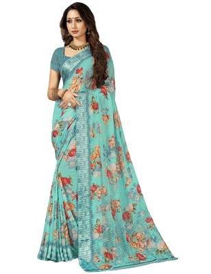 Turquoise printed chiffon saree with blouse 1