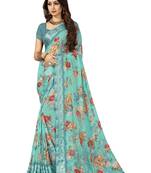 Turquoise printed chiffon saree with blouse