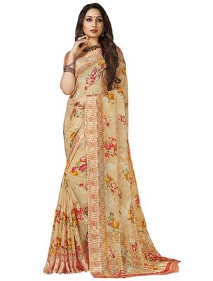 Beige printed chiffon saree with blouse 1