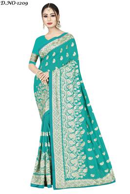 Green embroidered art silk saree with blouse 1