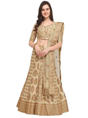 Lemon Embroidered
 Satin Semi Stitched Lehenga With Dupatta 1