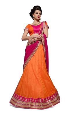 Orange embroidered net semi stitched lehenga with dupatta 1