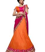 Orange embroidered net semi stitched lehenga with dupatta