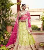 Yellow embroidered net semi stitched lehenga with dupatta