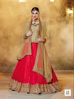 Red embroidered net semi stitched lehenga with dupatta 1