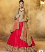 Red embroidered net semi stitched lehenga with dupatta