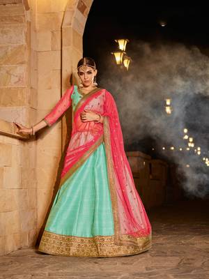 Blue embroidered silk semi stitched lehenga with dupatta 1