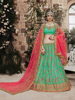 Green embroidered net semi stitched lehenga with dupatta 1