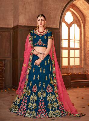 Blue embroidered silk semi stitched lehenga with dupatta 1