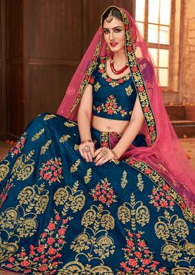 Blue embroidered silk semi stitched lehenga with dupatta 2