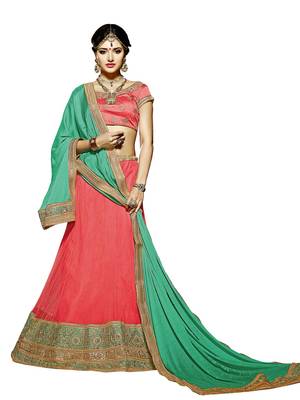 Pink embroidered net semi stitched lehenga with dupatta 1