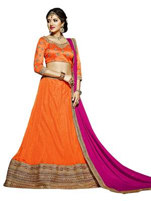 Orange embroidered net semi stitched lehenga with dupatta 1
