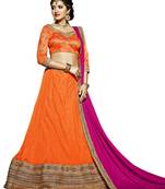 Orange embroidered net semi stitched lehenga with dupatta