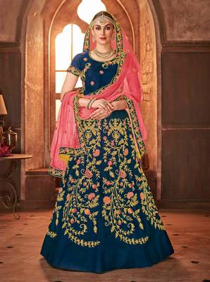 Blue embroidered silk semi stitched lehenga with dupatta 1