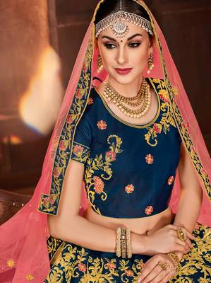 Blue embroidered silk semi stitched lehenga with dupatta 2
