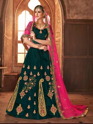 Green embroidered silk semi stitched lehenga with dupatta 1