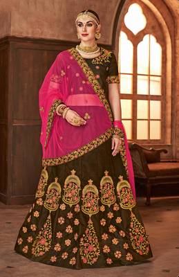 Brown embroidered silk semi stitched lehenga with dupatta 1