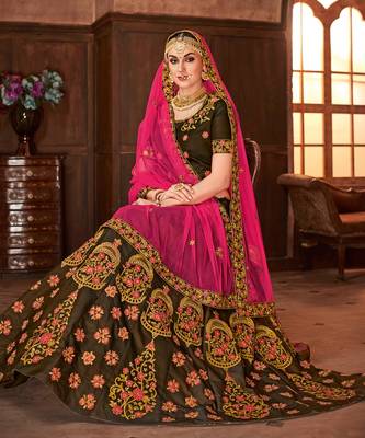 Brown embroidered silk semi stitched lehenga with dupatta 2