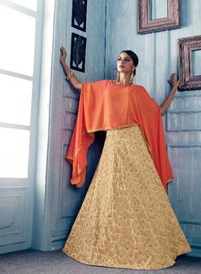 Beige embroidered jacquard semi stitched lehenga with dupatta 1