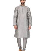 Grey Plain Silk Blend Kurta Pajama